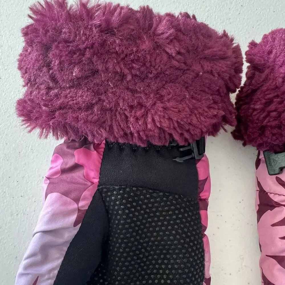The North Face Girls Mossbud Swirl Mittens Floral Size XL Faux Fur Pink Lined